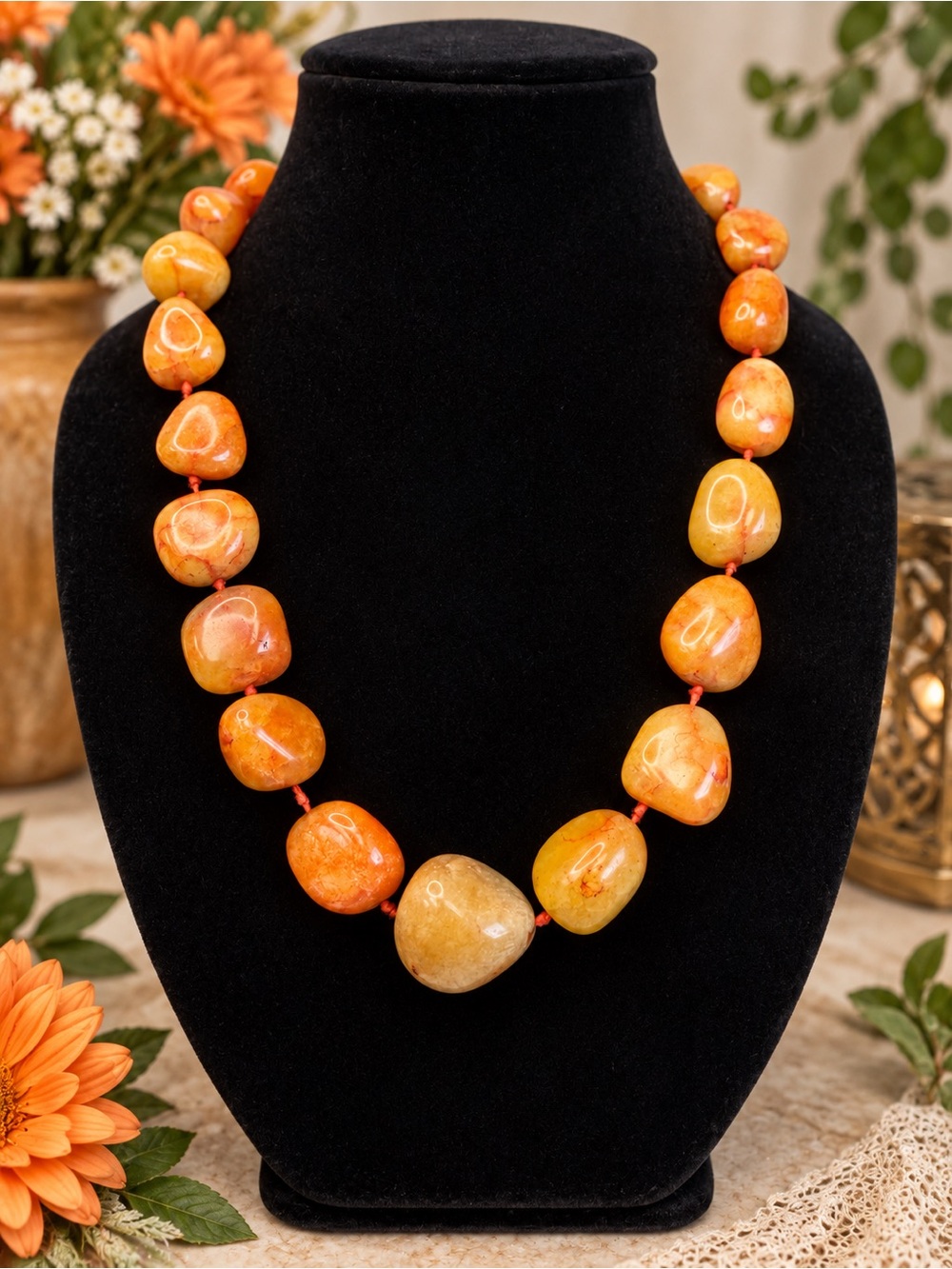 Ferruginous Quartz Gemstone Necklace Hand Knotted Chunky Statement 22”